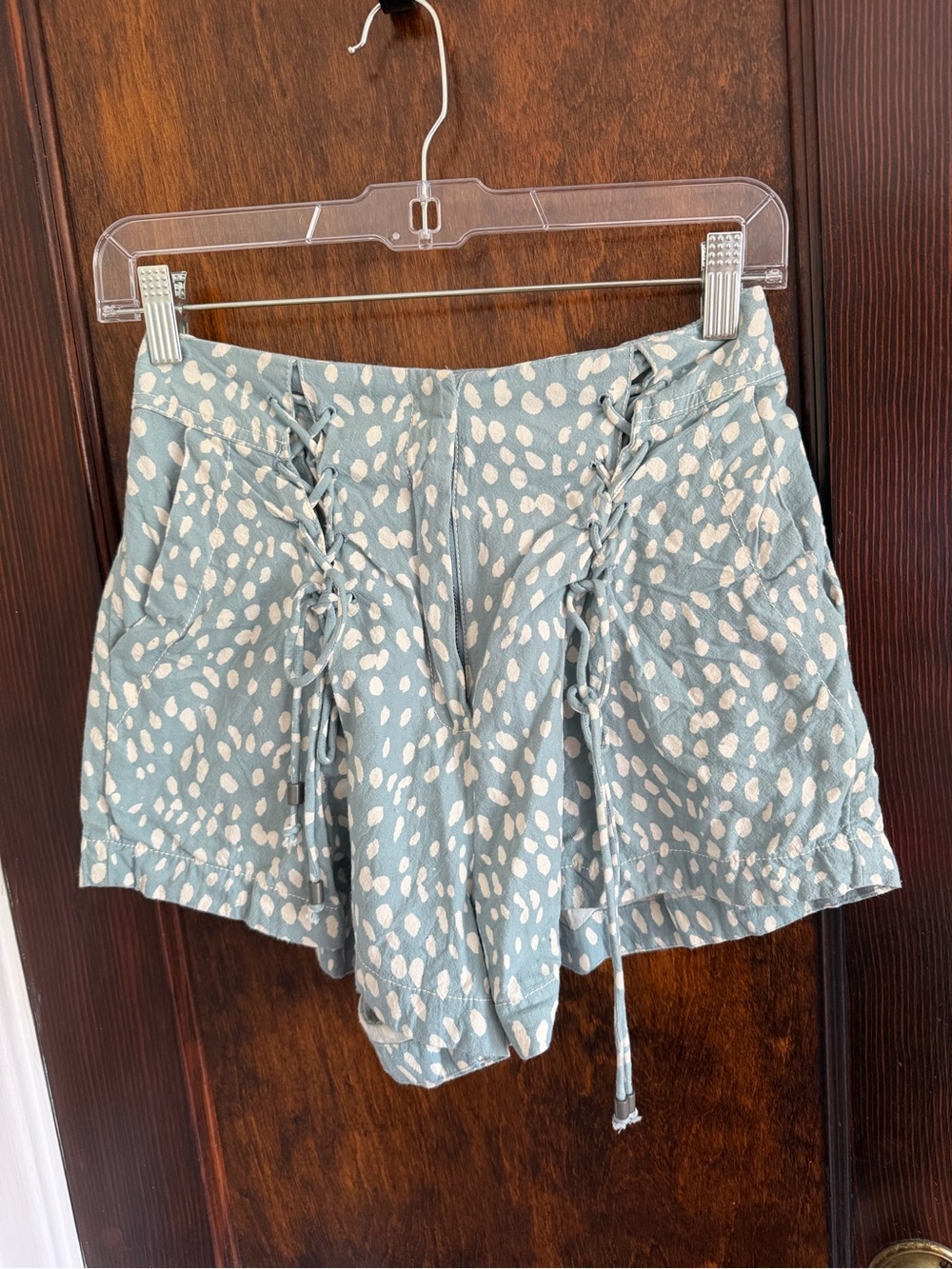 Free People Light Blue Dot-Print Lace-Up High-Waist Shorts